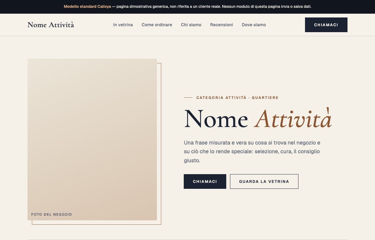 Anteprima del modello Elegante: titolo in blu notte e rame su carta calda, con la foto del negozio in cornice